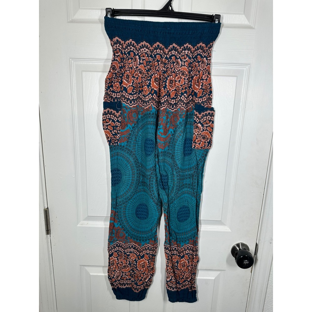 Boho Pants Harem Joggers Womens Medium Teal Orange Mandala Smocked High Waist